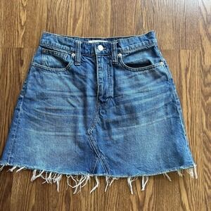 Madewell Denim Skirt Rigid A-Line Mini Size 25 Raw Hem Medium Wash